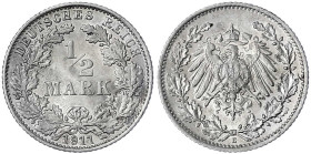 1/2 Mark gr. Adler Eichenzweige, Silber 1905-1919
1911 E. fast Stempelglanz, feine Tönung. Jaeger 16.