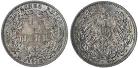1/2 Mark gr. Adler Eichenzweige, Silber 1905-1919
1912 E. vorzüglich/Stempelglanz, schöne Patina. Jaeger 16.