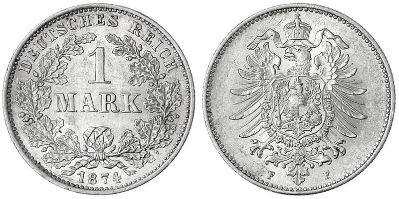 1 Mark kleiner Adler, Silber 1873-1887
1874 F. gutes vorzüglich, kl. Kratzer. J...