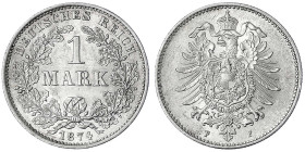 1 Mark kleiner Adler, Silber 1873-1887
1874 F. gutes vorzüglich, kl. Kratzer. Jaeger 9.