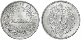 1 Mark kleiner Adler, Silber 1873-1887
1883 D. fast Stempelglanz, Prachtexemplar Ex. Hirsch München, Auktion 99, 1976. Jaeger 9.