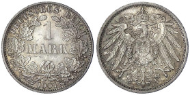 1 Mark großer Adler, Silber 1891-1916
1901 A. fast Stempelglanz, schöne Patina. Jaeger 17.