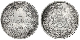 1 Mark großer Adler, Silber 1891-1916
1904 A. Stempelglanz, schöne Patina. Jaeger 17.