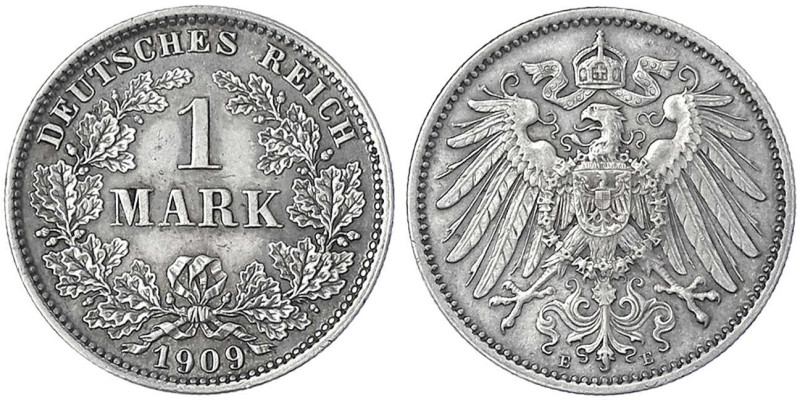 1 Mark großer Adler, Silber 1891-1916
1909 E. vorzüglich, schöne Patina. Jaeger...