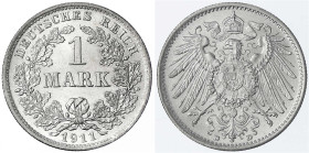 1 Mark großer Adler, Silber 1891-1916
1911 D. fast Stempelglanz. Jaeger 17.
