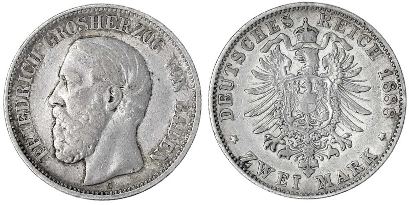 Baden
Friedrich I., 1856-1907
2 Mark 1888 G. sehr schön. Jaeger 26.