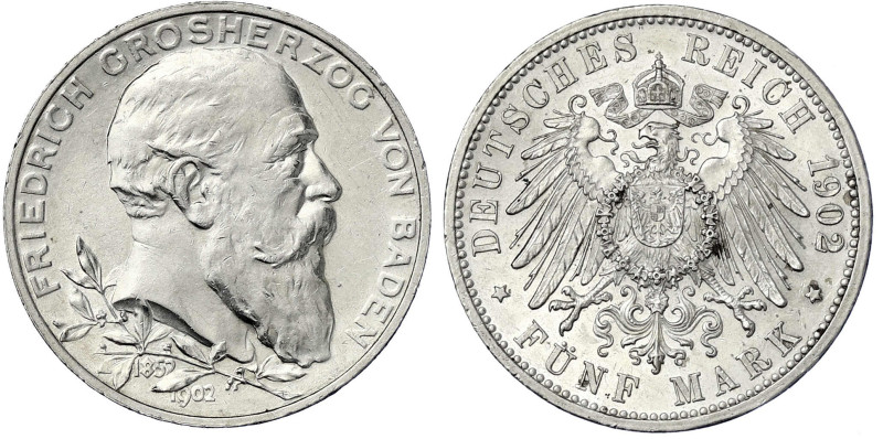 Baden
Friedrich I., 1856-1907
5 Mark 1902. 50 jähriges Regierungsjubiläum. vor...