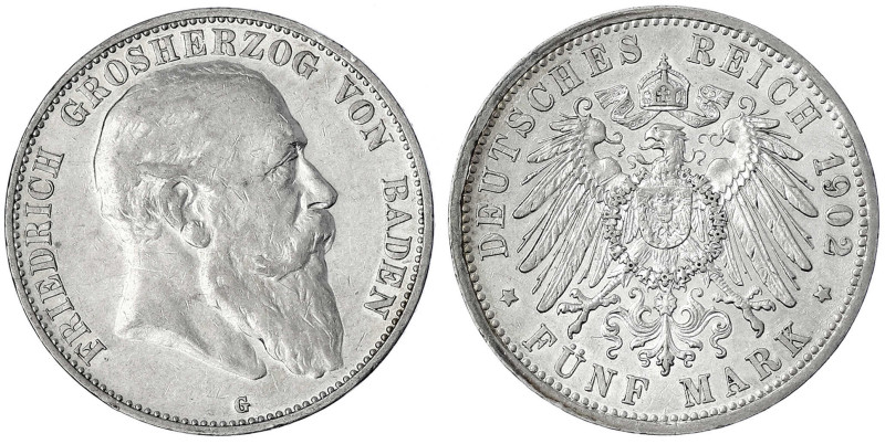 Baden
Friedrich I., 1856-1907
5 Mark 1902 G. gutes vorzüglich. Jaeger 33.