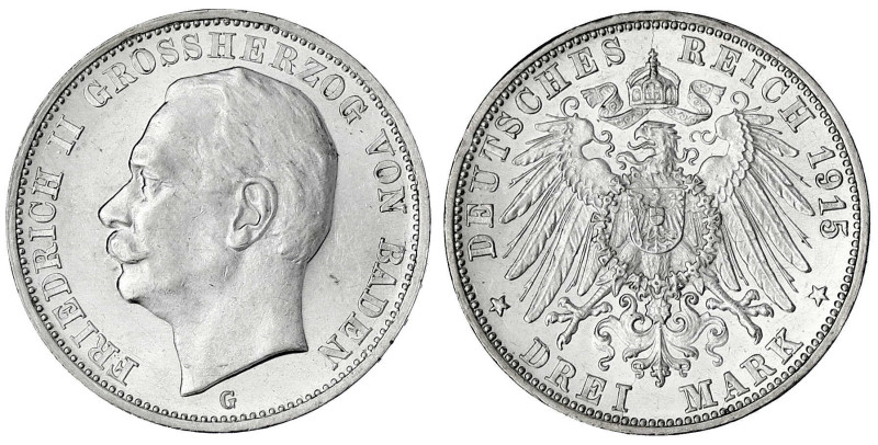 Baden
Friedrich II., 1907-1918
3 Mark 1915 G. Seltenes Jahr. prägefrisch/fast ...