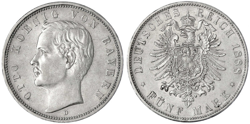 Bayern
Otto, 1886-1913
5 Mark 1888 D. vorzüglich. Jaeger 44.