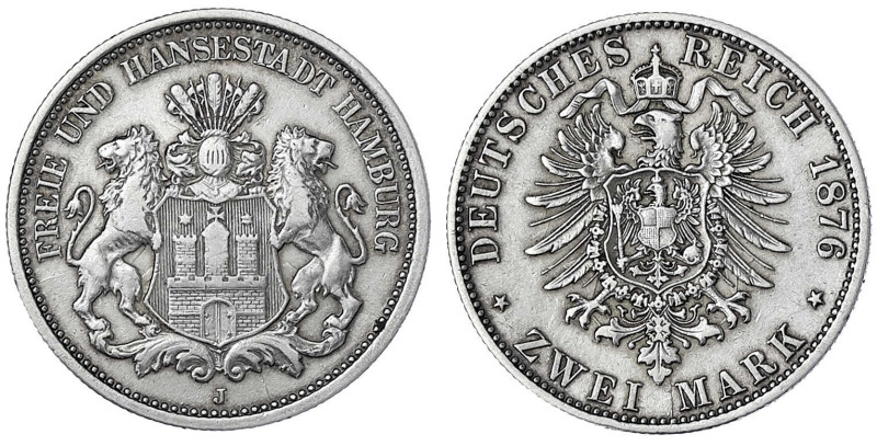 Hamburg
2 Mark 1876 J. fast vorzüglich, leicht berieben. Jaeger 61.