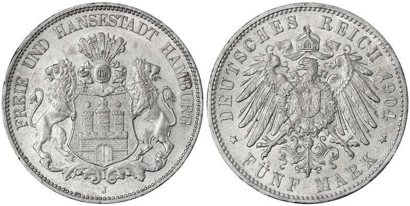 Hamburg
5 Mark 1904 J. vorzüglich/Stempelglanz, Kratzer. Jaeger 65.