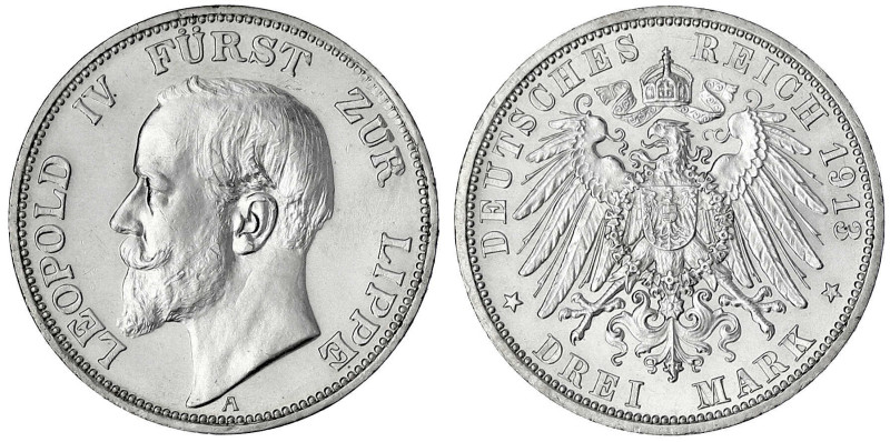 Lippe
Leopold IV., 1904-1918
3 Mark 1913 A. vorzüglich/Stempelglanz, min. Rand...