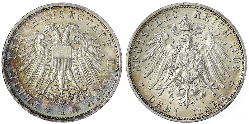 Lübeck
3 Mark 1908 A. gutes vorzüglich, schöne Patina. Jaeger 82.