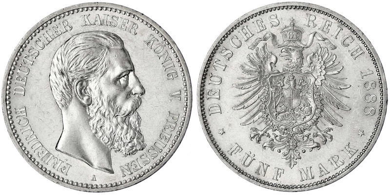 Preußen
Friedrich III., 1888
5 Mark 1888 A. vorzüglich/Stempelglanz, kl. Kratz...