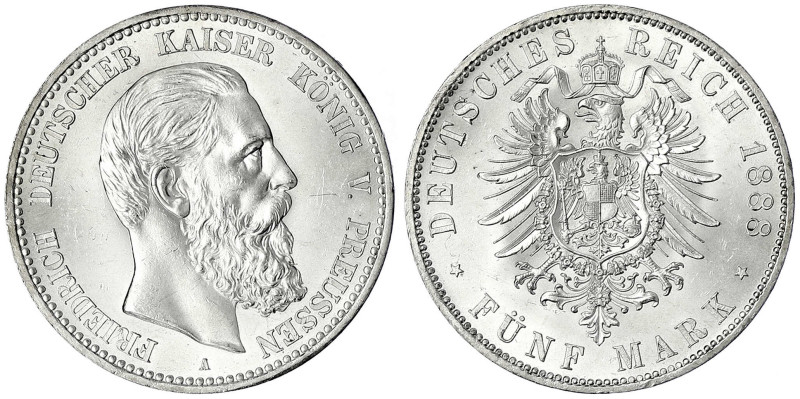 Preußen
Friedrich III., 1888
5 Mark 1888 A. vorzüglich/Stempelglanz, kl. Kratz...