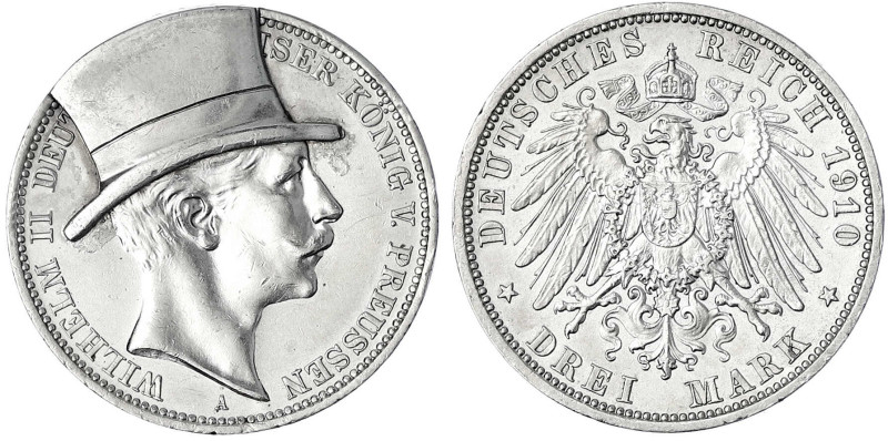 Preußen
Wilhelm II., 1888-1918
3 Mark 1910, mit aufgelötetem Zylinder. Alte Ar...