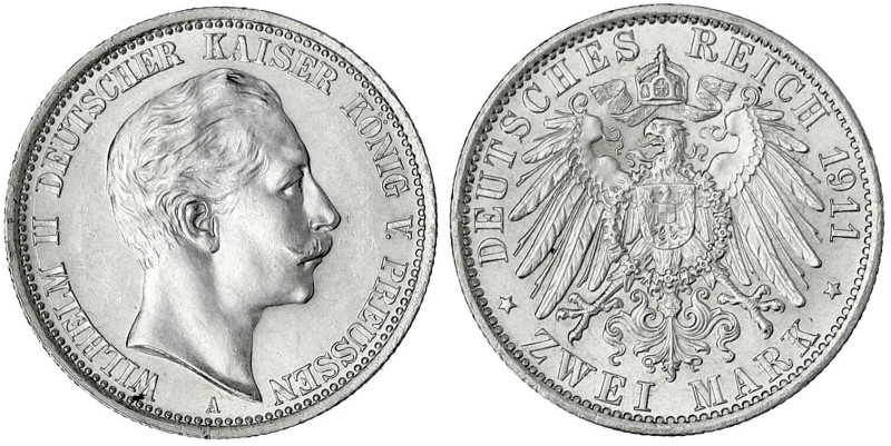 Preußen
Wilhelm II., 1888-1918
2 Mark 1911 A. fast Stempelglanz. Jaeger 102.