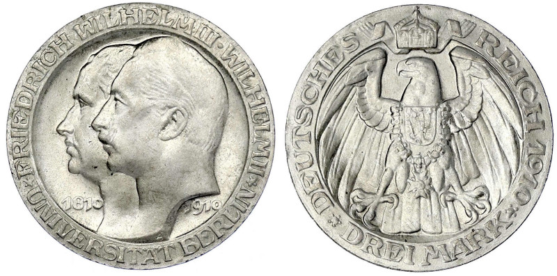 Preußen
Wilhelm II., 1888-1918
3 Mark 1910 A, Uni Berlin. Stempelglanz. Jaeger...