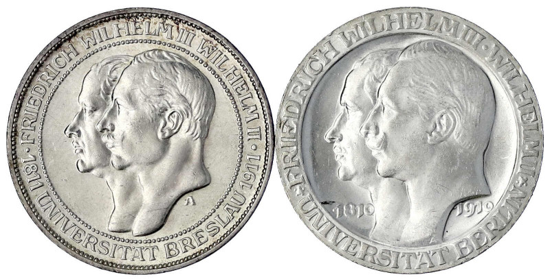 Preußen
Wilhelm II., 1888-1918
2 X 3 Mark: 1910 A, Uni Berlin und 1911 A, Uni ...