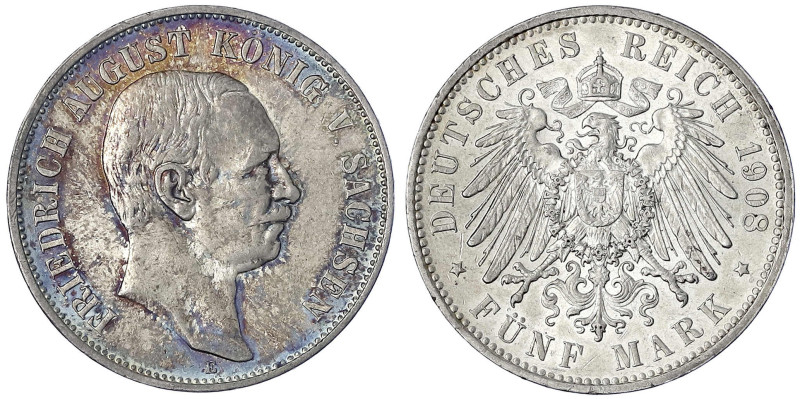 Sachsen
Friedrich August III., 1904-1918
5 Mark 1908 E. vorzüglich/Stempelglan...