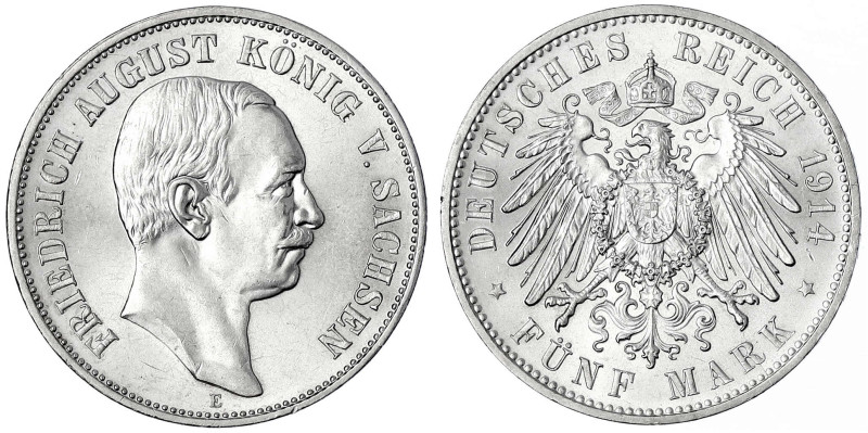 Sachsen
Friedrich August III., 1904-1918
5 Mark 1914 E. prägefrisch/fast Stemp...