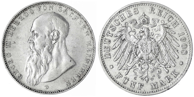 Sachsen-Meiningen
Georg II., 1866-1914
5 Mark 1908 D. Kurzer Bart. sehr schön/...