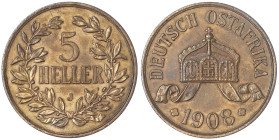 Deutsch Ostafrika
5 Heller 1908 J. Größte deutsche Kupfermünze. vorzüglich. Jaeger N 717.