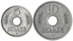 Deutsch Ostafrika
2 X Lochgeld. 5 Heller 1914 J und 10 Heller 1909 J. beide vorzüglich. Jaeger 718, 719.