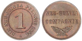 Deutsch-Neuguinea
Neuguinea Compagnie
1 Neuguinea Pfennig 1894 A. fast Stempelglanz, selten in dieser Erhaltung. Jaeger 701.