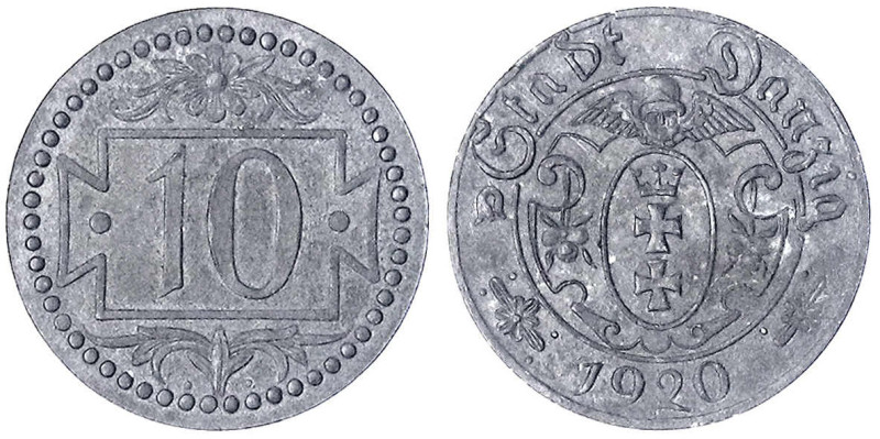 Danzig, Freie Stadt
10 Pfennig 1920, kleine Wertzahl. vorzüglich. Jaeger D 1a.