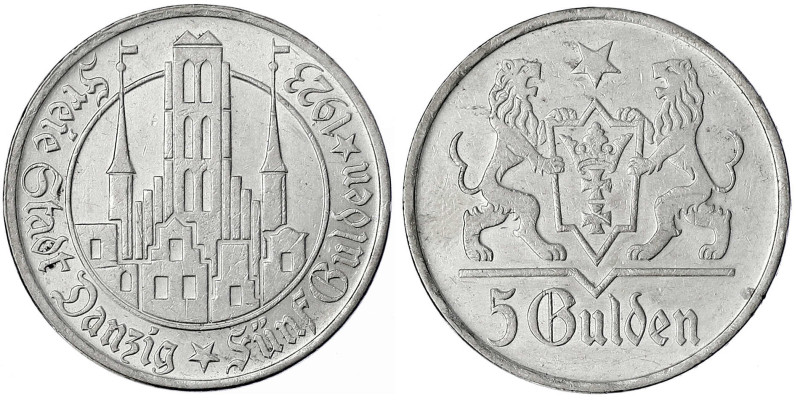 Danzig, Freie Stadt
5 Gulden 1923, Marienkirche. vorzüglich, kl. Kratzer. Jaege...