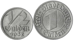Danzig, Freie Stadt
2 Stück: 1/2 und 1 Gulden 1932. beide vorzüglich. Jaeger D 14, D 15.