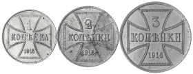 Lots allgemein
Oberbefehlshaber Ost: 3 Münzen 1916: 1, 2 und 3 Kopeken. alle vorzüglich und besser. Jaeger N 601-603.