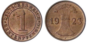 Kursmünzen
1 Rentenpfennig, Kupfer, 1923-1929
1923 F. fast Stempelglanz, selten. Jaeger 306.