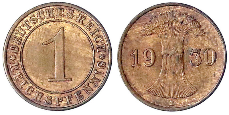 Kursmünzen
1 Reichspfennig, Kupfer 1924-1936
1930 E. prägefrisch/fast Stempelg...