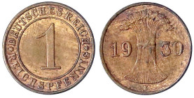 Kursmünzen
1 Reichspfennig, Kupfer 1924-1936
1930 E. prägefrisch/fast Stempelglanz. Jaeger 313.