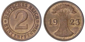Kursmünzen
2 Rentenpfennig, Kupfer 1923-1924
1923 J. fast Stempelglanz, selten. Jaeger 307.