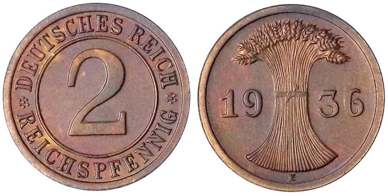 Kursmünzen
2 Reichspfennig, Kupfer, 1923-1936
1936 E. Polierte Platte, sehr se...