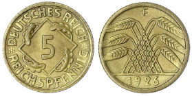 Kursmünzen
5 Reichspfennig, messingfarben 1924-1936
1926 F. fast Stempelglanz. Jaeger 316.