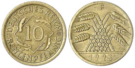 Kursmünzen
10 Rentenpfennig, messingfarben 1923-1925
1923 F. vorzüglich, selten. Jaeger 309.