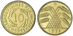 Kursmünzen
10 Reichspfennig, messingfarben 1924-1936
1931 G. Polierte Platte, äußerst selten Ex. Kress, Münchner Münzhandlung , Auktion 164, 1976. J...