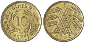 Kursmünzen
10 Reichspfennig, messingfarben 1924-1936
1932 E. Stempelglanz. Jaeger 317.