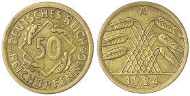 Kursmünzen
50 Reichspfennig, messingfarben 1924-1925
1924 A. Mit Gutachten Schoenawa v. 13.5.1992. sehr schön/vorzüglich Erworben am 16.8.1992 von F...