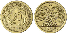 Kursmünzen
50 Reichspfennig, messingfarben 1924-1925
1924 A. sehr schön/vorzüglich, berieben. Jaeger 318.