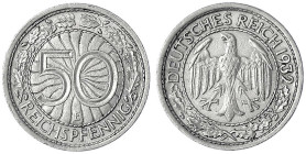 Kursmünzen
50 Reichspfennig, Nickel 1927-1938
1932 E. sehr schön. Jaeger 324.