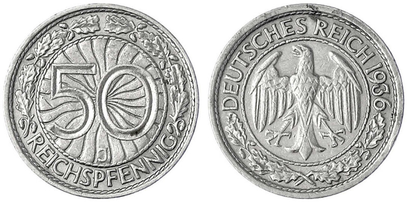 Kursmünzen
50 Reichspfennig, Nickel 1927-1938
1936 J. sehr schön/vorzüglich. J...