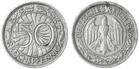Kursmünzen
50 Reichspfennig, Nickel 1927-1938
1936 J. sehr schön/vorzüglich. Jaeger 324.
