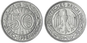 Kursmünzen
50 Reichspfennig, Nickel 1927-1938
1937 J. vorzüglich/Stempelglanz, selten. Jaeger 324.
