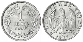 Kursmünzen
1 Reichsmark, Silber 1925-1927
1927 A. fast Stempelglanz, sehr selten in dieser Erhaltung Ex. Frank Nürnberg, Auktion 5, 1973. Jaeger 319...